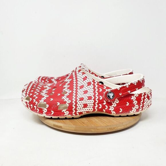 Crocs Holiday Clog Shoes Mens 12 Red White‎ Knit Ugly Christmas Sweater - Picture 1 of 13